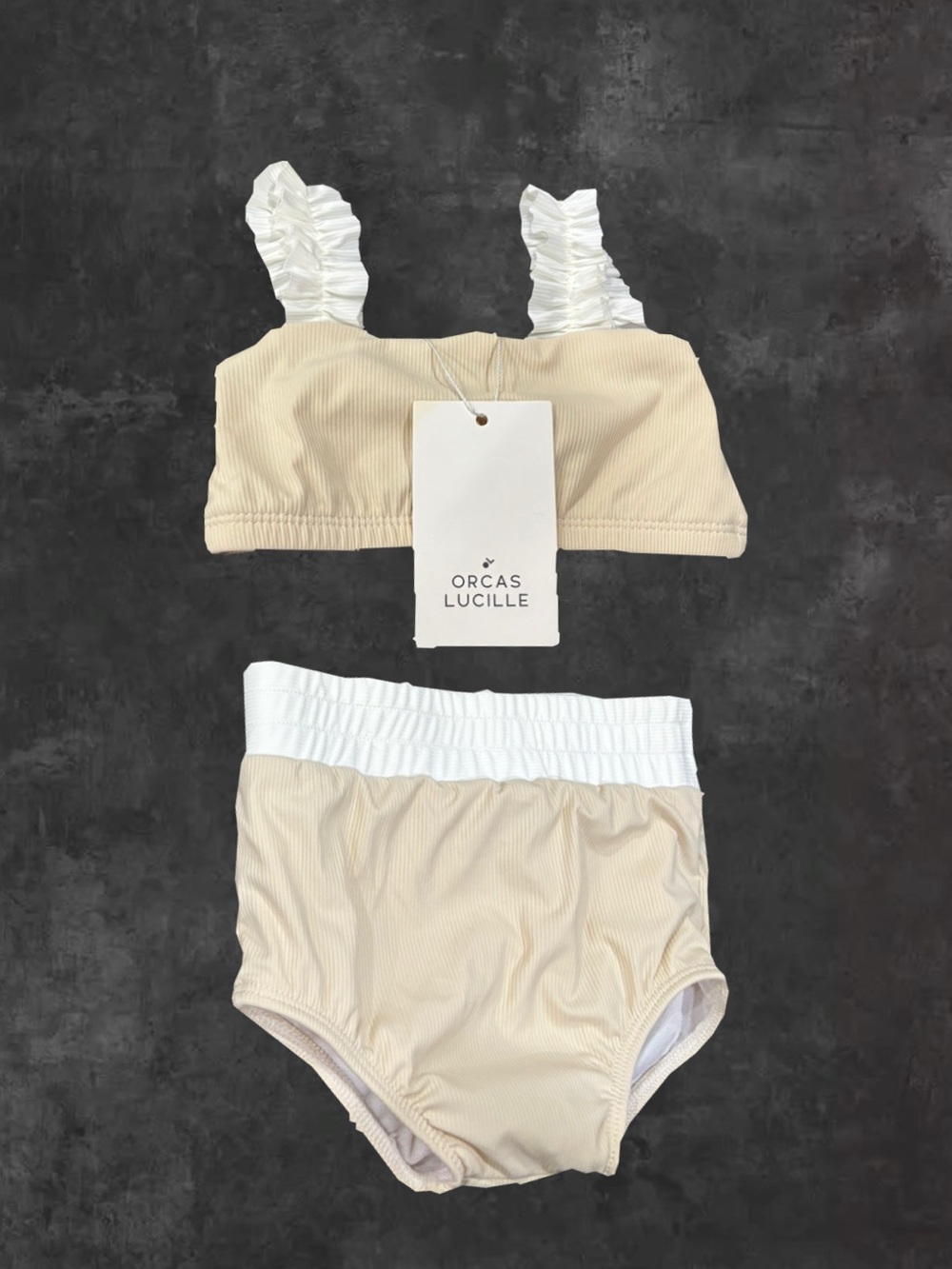 Girls' Cream & White Ruffle Strap Bikini Set